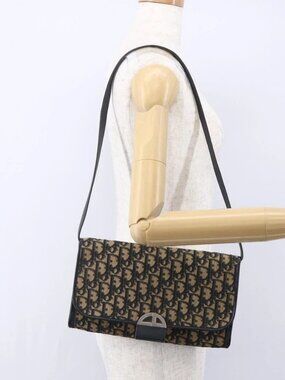 Christian Dior Trotter Canvas Shoulder Bag Navy Gold